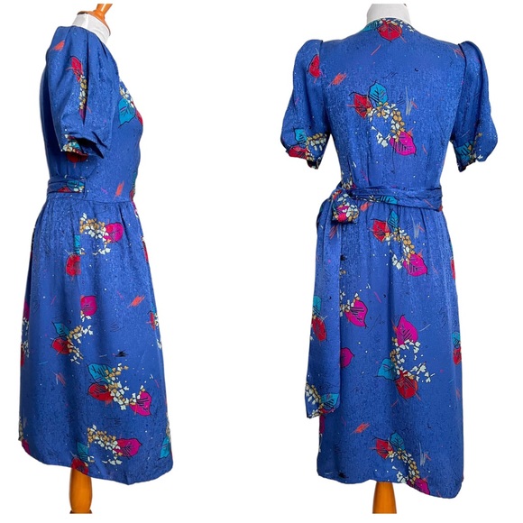 Vintage 1980s Francesca Damon for Starington Abstract Pop Floral Silk Wrap Dress - Picture 2 of 10